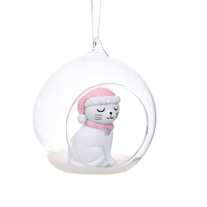 Cat with Pink Santa Hat Open Clear Christmas Bauble - Winter Festive Fun Kids Sparkly Glitter Princess Kitten Sweet Gift Friends Family