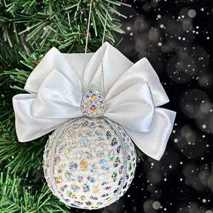 Iridescent White Christmas Bauble, Rhinestone Bow Tree Ornament