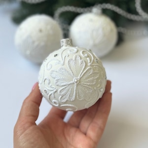 White Christmas glass ornament, frozen flower ball, Xmas tree hanging decoration, Rustic winter holiday decor