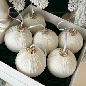 Ivory Satin Christmas Balls with Rhinestones (Set of 6)