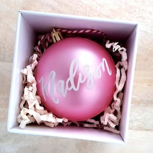 Personalized Pink Christmas Ornament: Hand Lettered Glass or Shatterproof