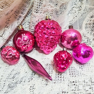 Set 7 Vintage Hot Pink Christmas Ornaments, Balls Berries Drop Icicle, Vintage 50s Mercury Glass Xmas Tree Shiny Bright Holiday Decor