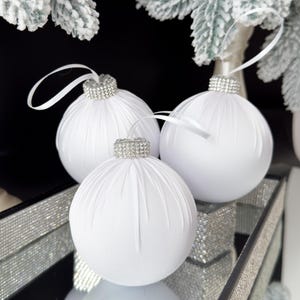 White Satin Christmas Ball Ornaments: Rhinestone Top, Elegant Holiday Decor