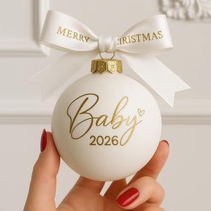 Personalized Glass Christmas Ornament – 8 cm Ø – Off-White, Matte or Glossy, with Gold Crown & Festive Satin Ribbon.