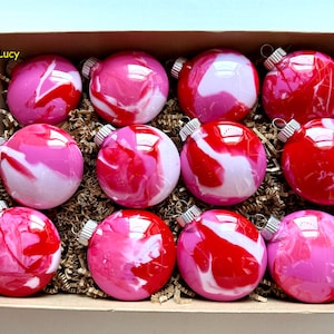 Hand-Painted Marbled Christmas Disc Ornaments: Pink & Red, Shatterproof (Set of 12)