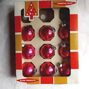 8 Bright pink glass vintage Christmas ornaments, decor, round bulb ball ornaments, 1.75," craft wreath supply
