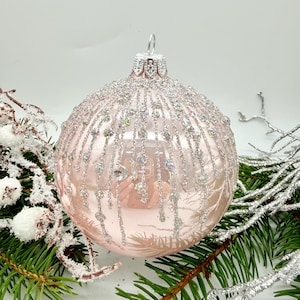 Pink Christmas glass Ball, Glitter Xmas Ornaments, Blown Glass Christmas ball,Xmas 2025, Winter dercor, Xmas gift, Holiday decor