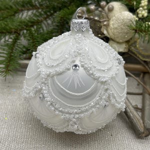 White Glass Christmas Ornament – Handmade Striped Ball – Elegant Holiday Tree Decoration – Modern Christmas Decor