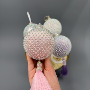 Rhinestone Velvet Christmas Bauble, Pink Holiday Ornament. Cost for 1 pcs. Disco Xmas balls with rhinestones.