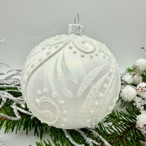 White Christmas glass Ball, Glitter Xmas Ornaments, Blown Glass Christmas ball,Handmade Paited ball Xmas 2025, Winter decor,Holiday decor