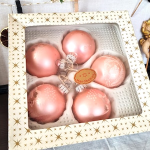 Set 5 Frosty Pink Glass Balls Ornaments, Pastel Blush Matte and Shiny Baubles, Vintage Christmas Decorations, German Xmas Tree Decor